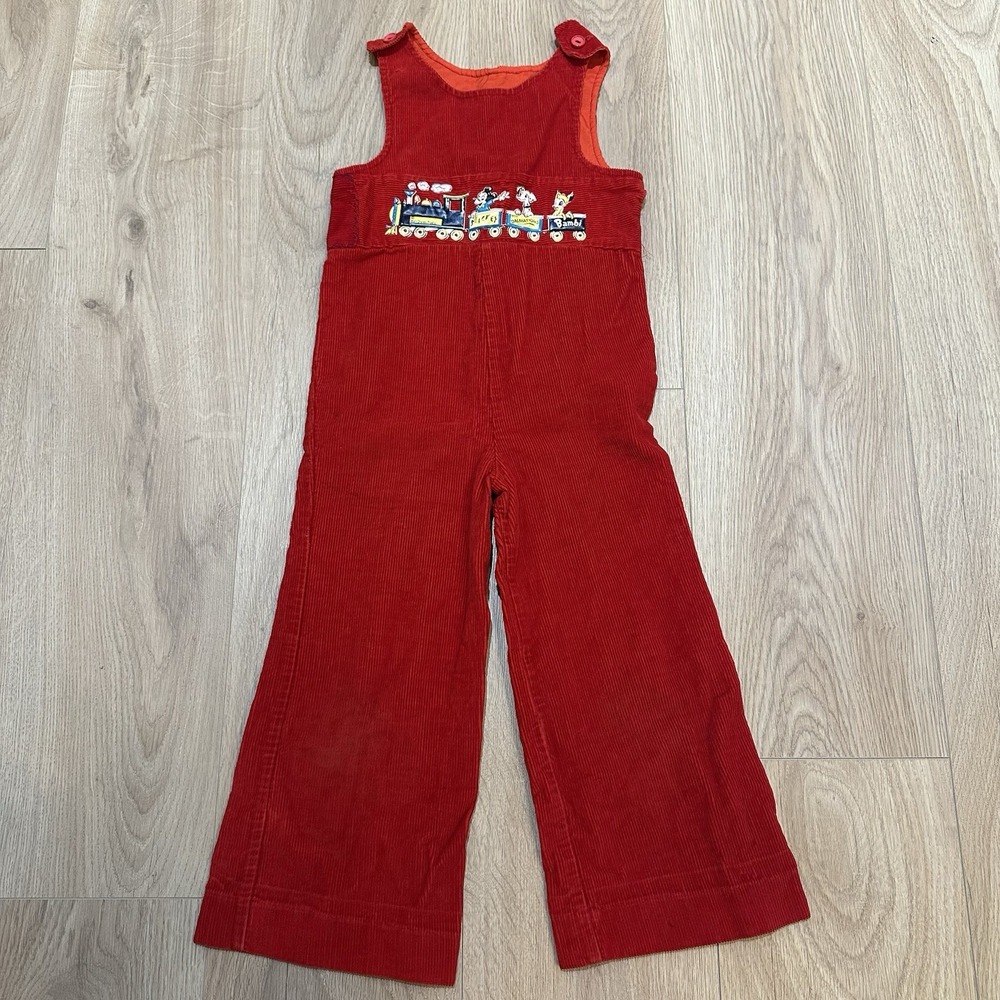 St Michael Vintage Kids 4T Disney Corduroy Overalls Red Flare Leg Rare